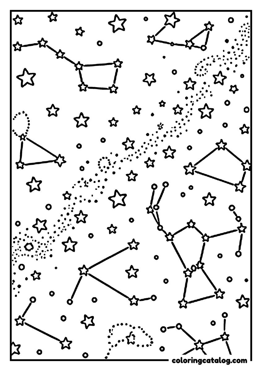 Printable Space coloring page: A star chart of constellations drawn as linked dots among many stars