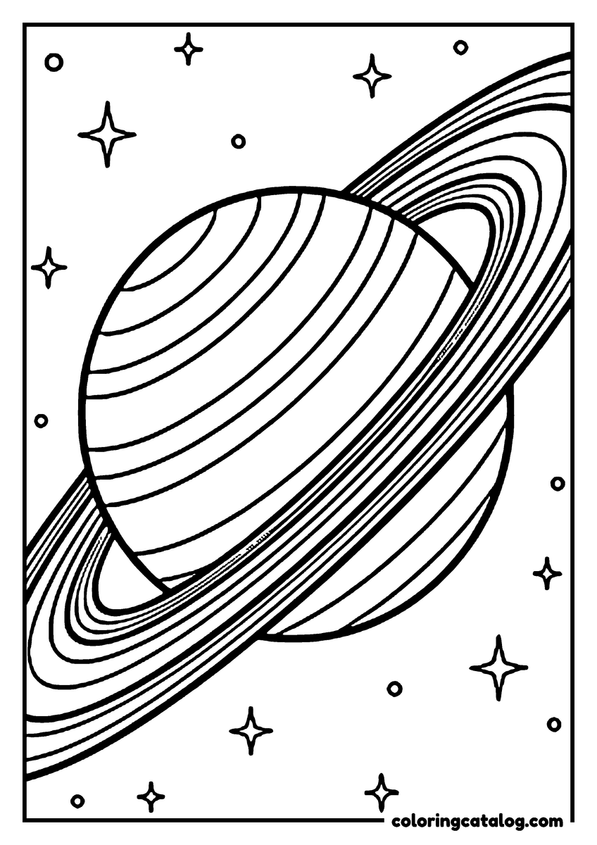 Space coloring page: A big ringed planet with striped bands among twinkling stars