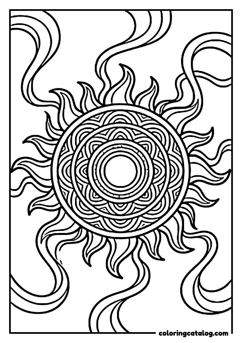 Printable Space coloring page: The sun as a patterned disc with flames and ribbons of solar flares around it