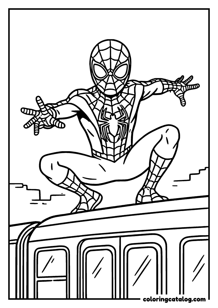 Spider-Man coloring page of Miles Morales crouching on the roof of a subway train