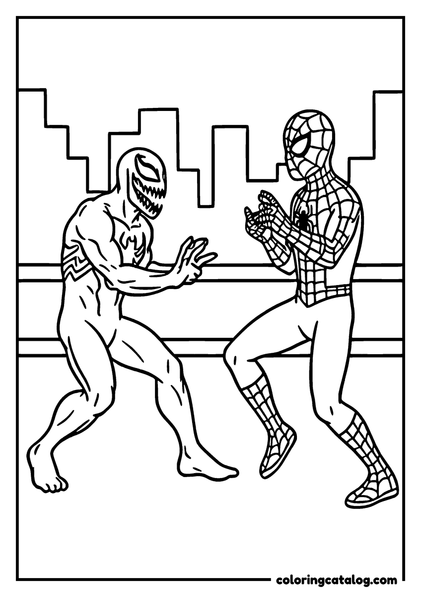 Spider-Man coloring page of Spider-Man and Venom facing each other on a rooftop