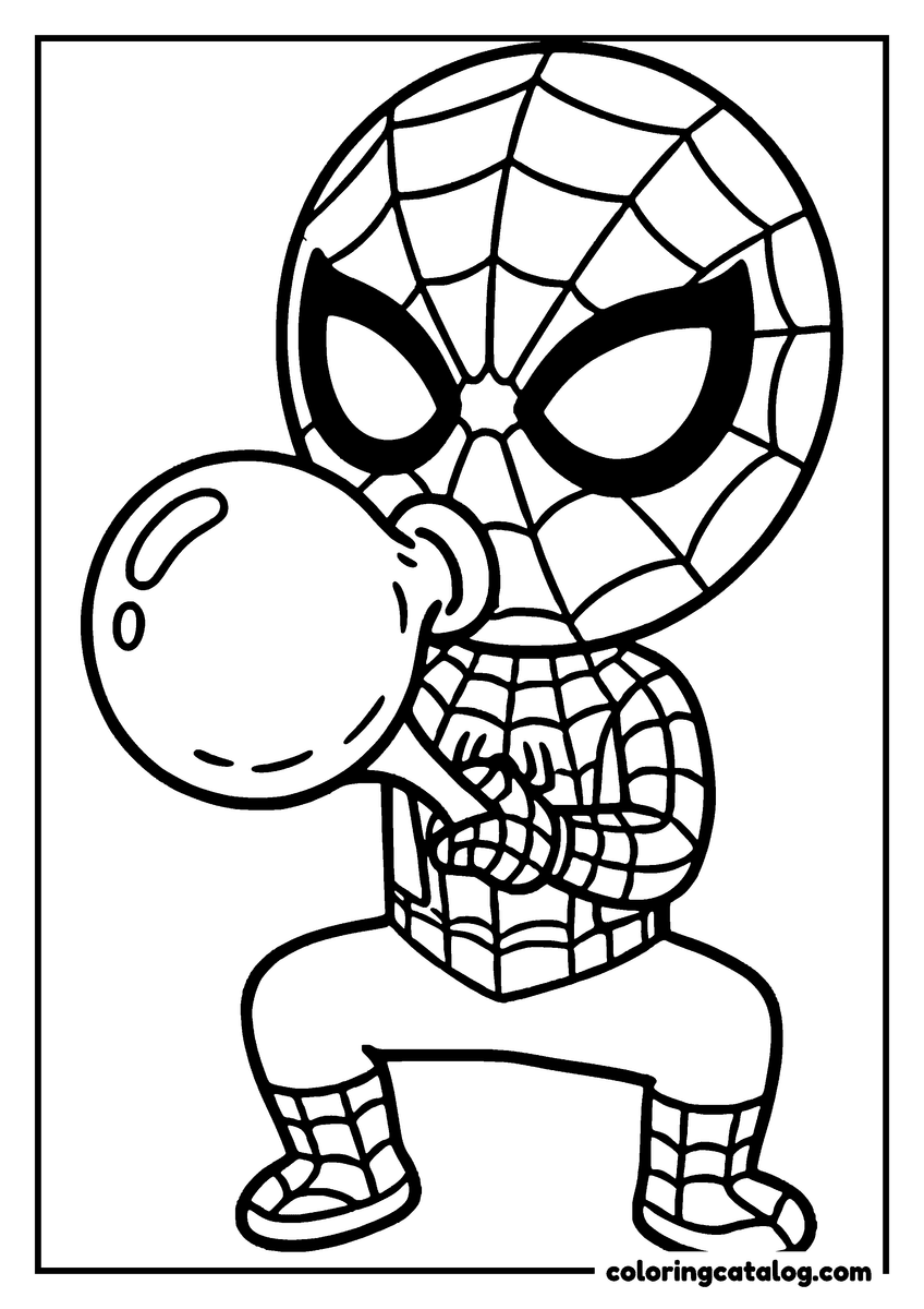Spider-Man coloring page of Spider-Man crouching and blowing a big bubble gum bubble