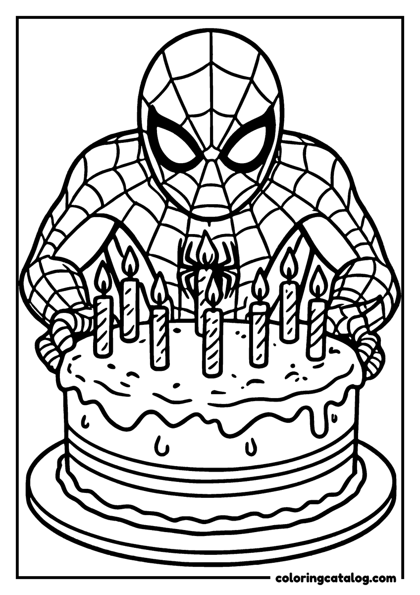Spider-Man coloring page of Spider-Man leaning over a birthday cake full of candles