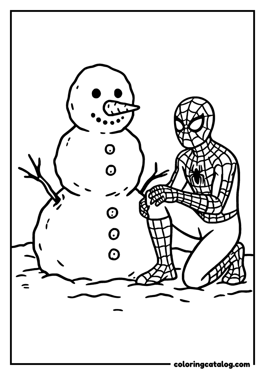 Spider-Man coloring page of Spider-Man kneeling in the snow beside a snowman with a carrot nose