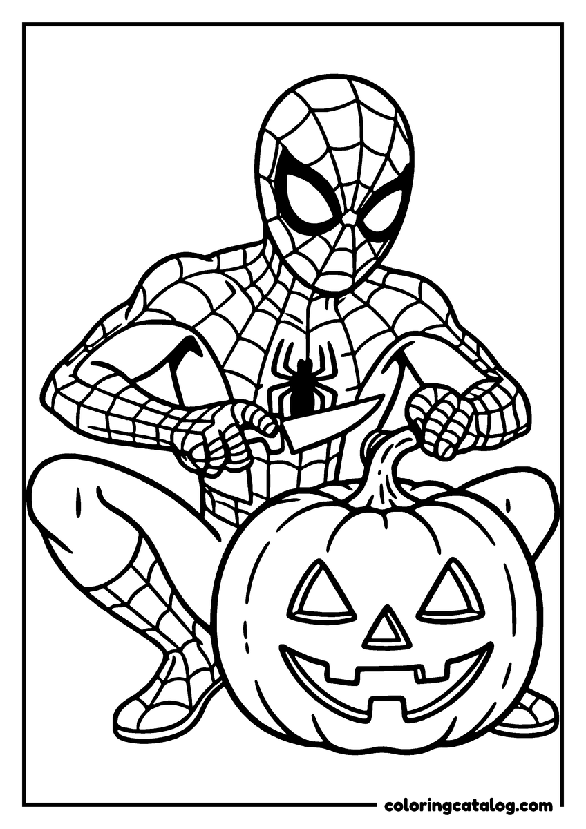Spider-Man coloring page of Spider-Man crouching to carve a jack o'lantern