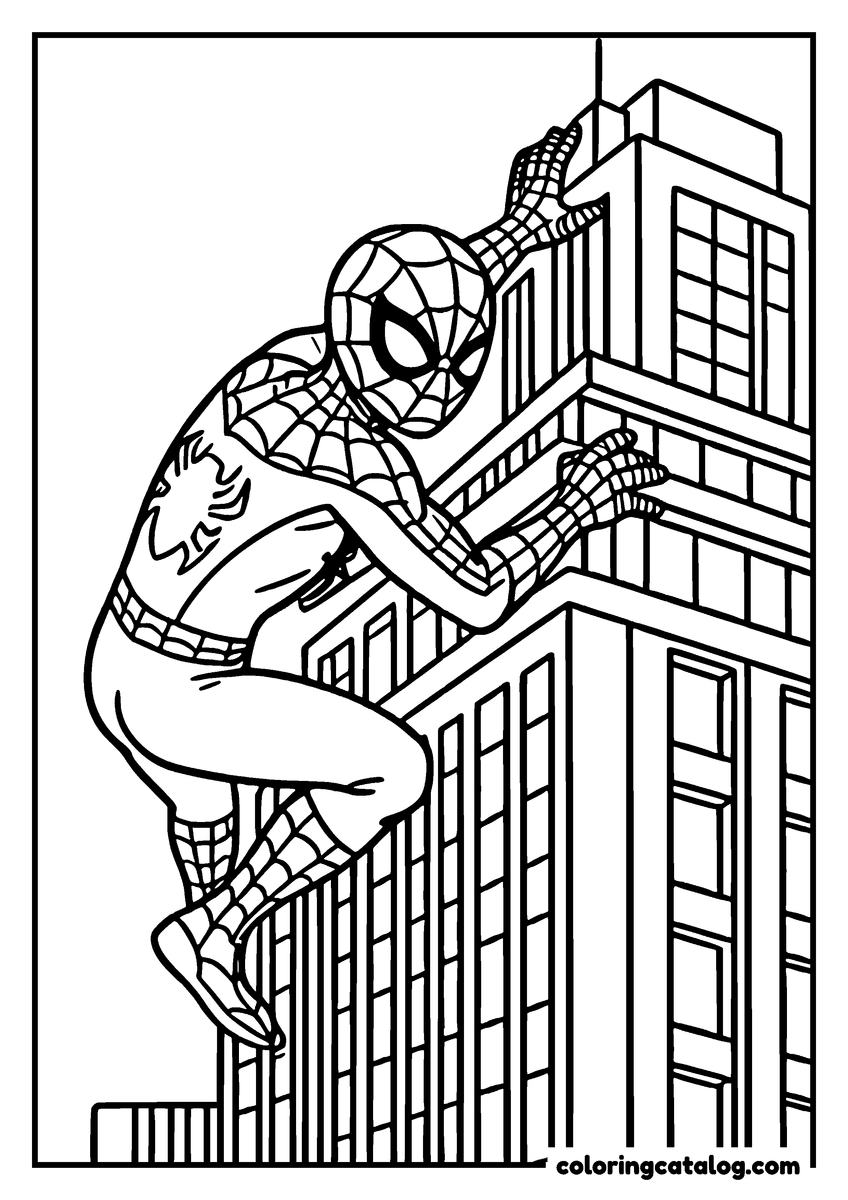 Spider-Man coloring page of Spider-Man climbing up the side of a skyscraper