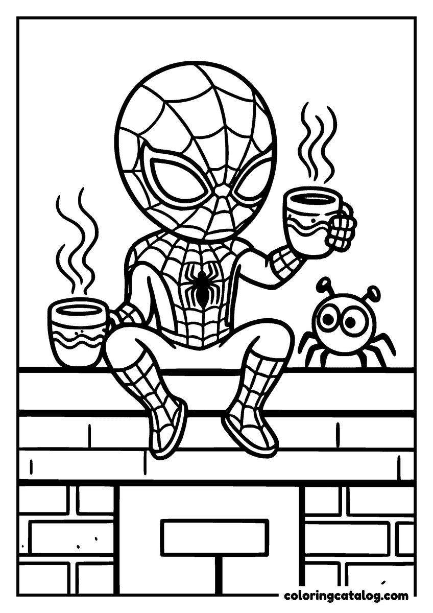 Spider-Man coloring page of Spider-Man sipping cocoa on a chimney next to a little spider