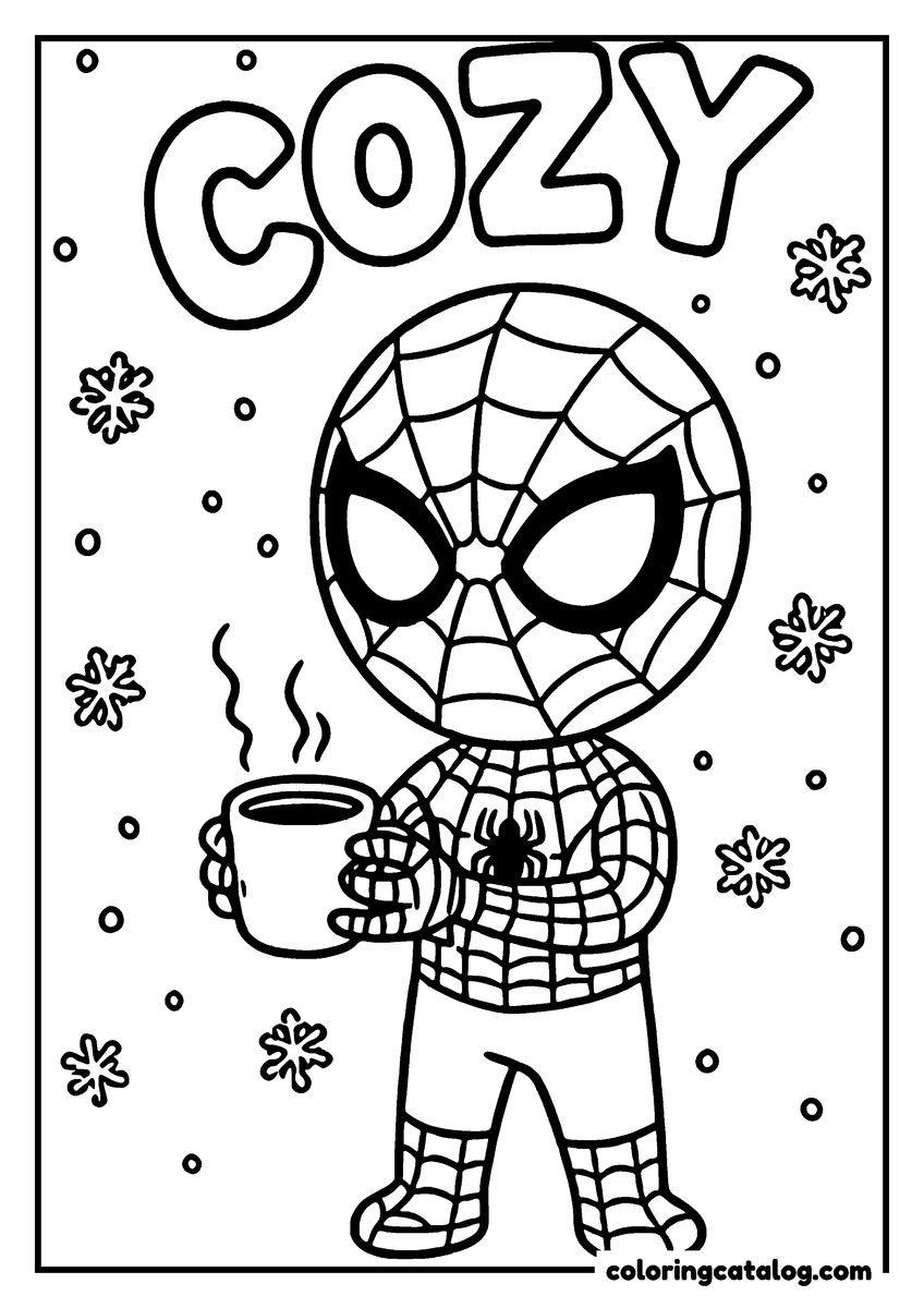 Spider-Man coloring page of Spider-Man holding a mug of cocoa under bubble lettering "COZY", snowflakes around