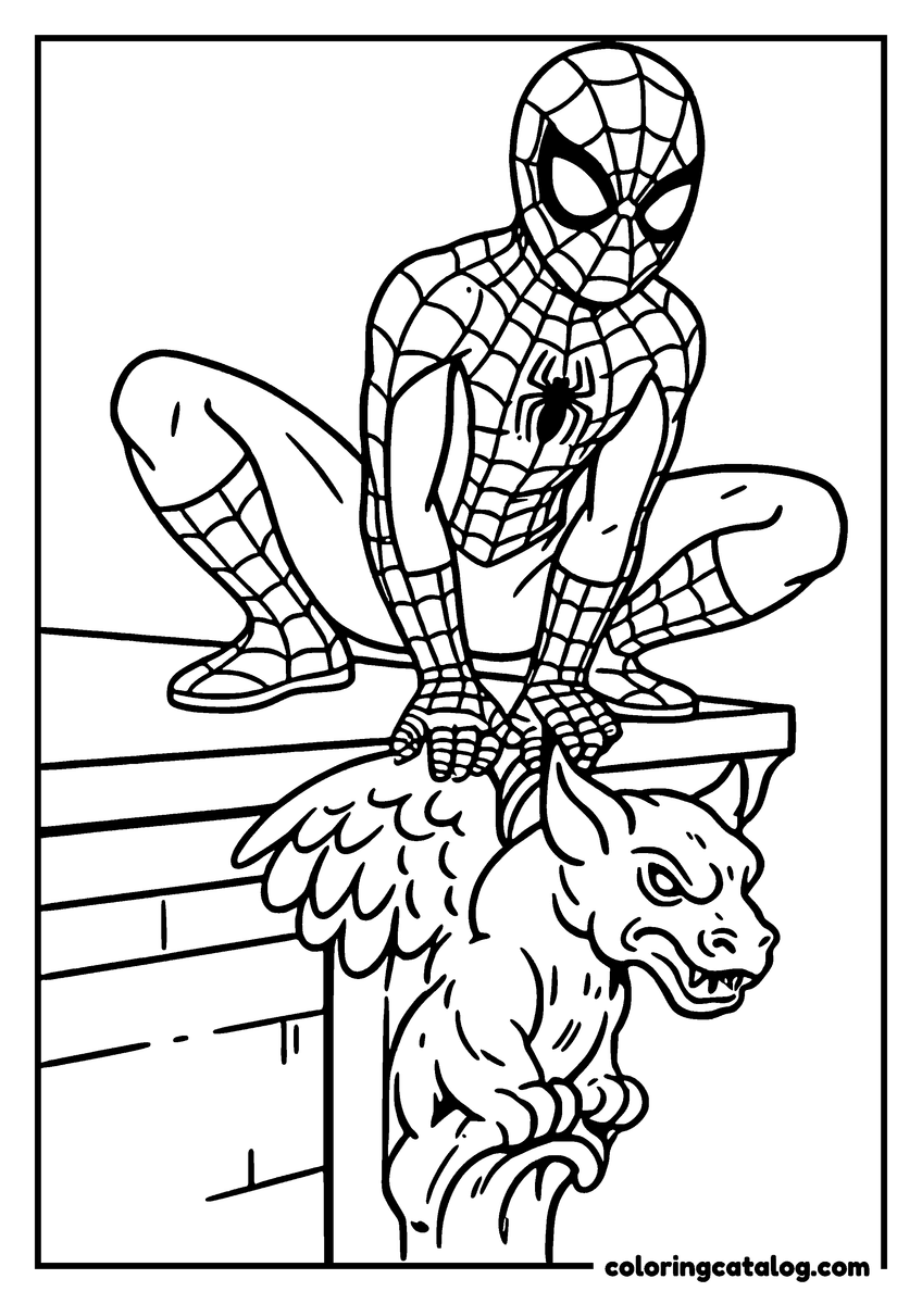Spider-Man coloring page of Spider-Man crouching on a rooftop ledge above a stone gargoyle