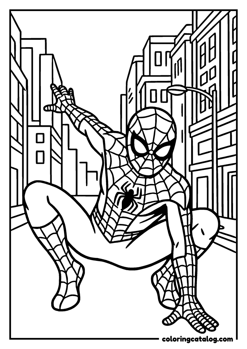 Spider-Man coloring page of Spider-Man crouching low in a city street, one arm reaching out