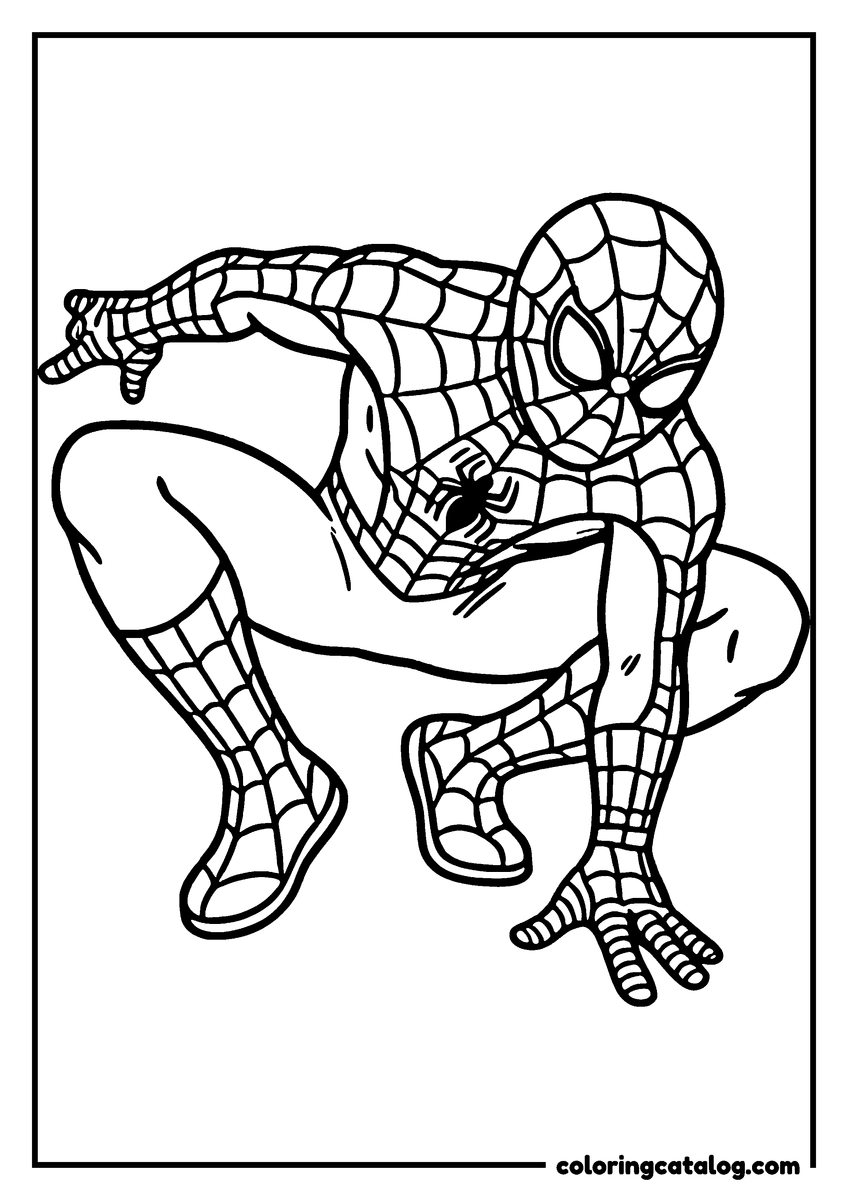 Spider-Man coloring page of Spider-Man crouching on all fours, ready to jump