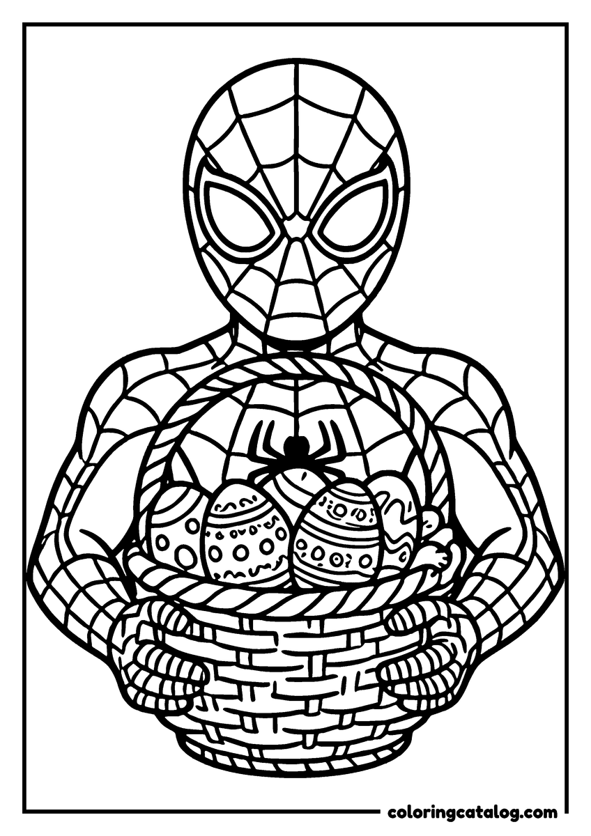 Spider-Man coloring page of Spider-Man holding a basket of decorated Easter eggs