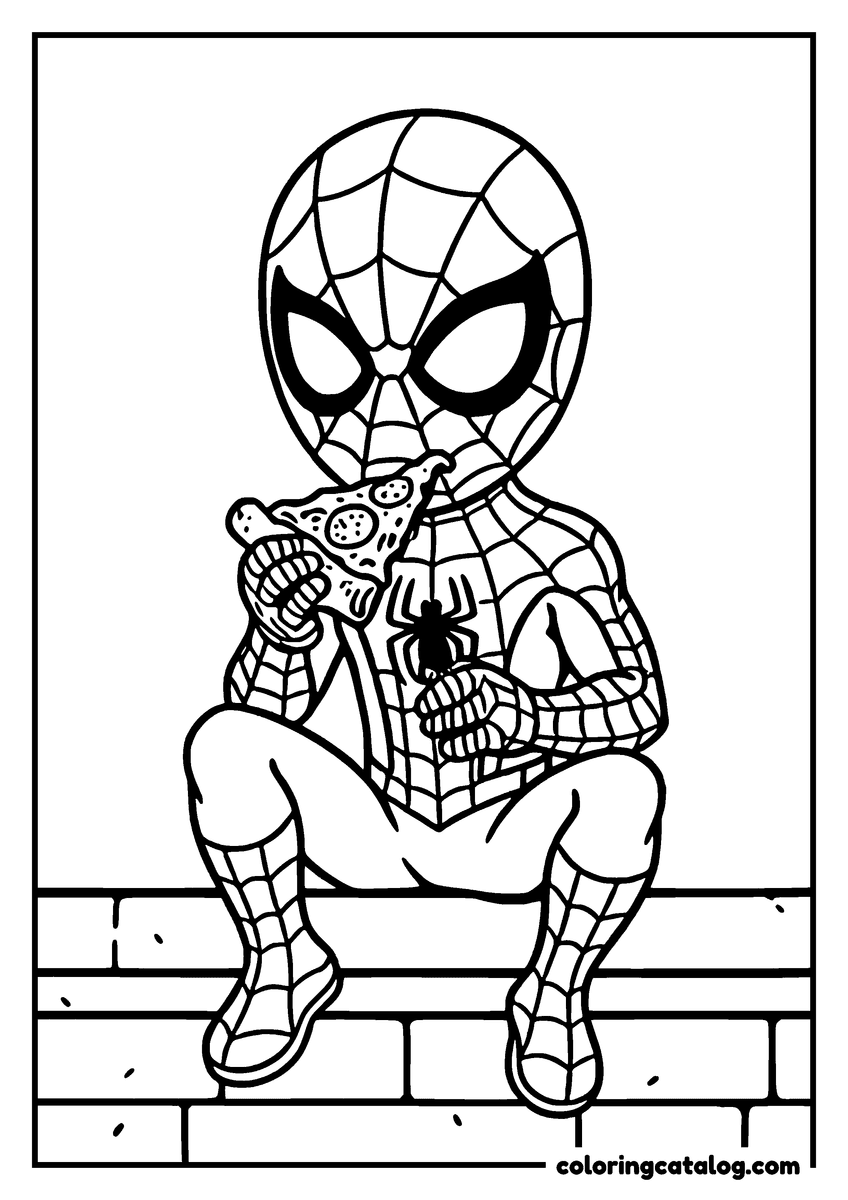 Spider-Man coloring page of Spider-Man eating a slice of pizza sitting on a brick wall