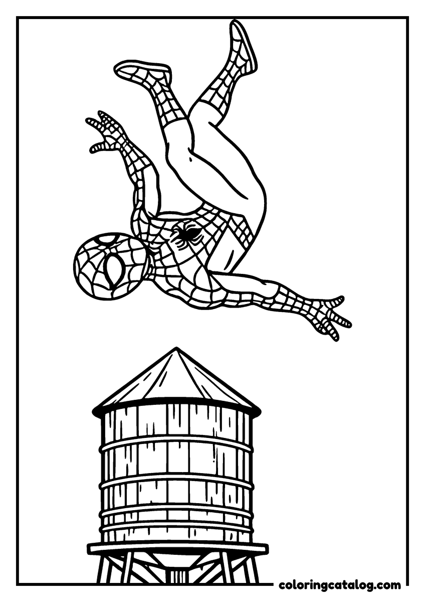 Spider-Man coloring page of Spider-Man flipping through the air above a rooftop water tower