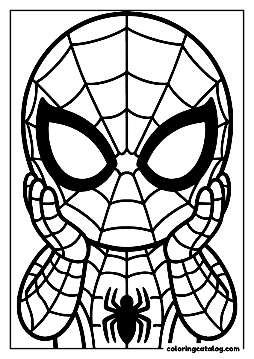 Spider-Man coloring page of a big portrait of Spider-Man resting his cheeks in his hands
