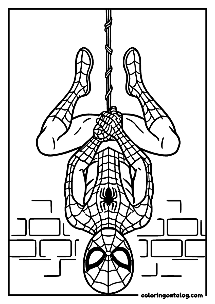 Spider-Man coloring page of Spider-Man hanging upside down from a web in front of a brick wall