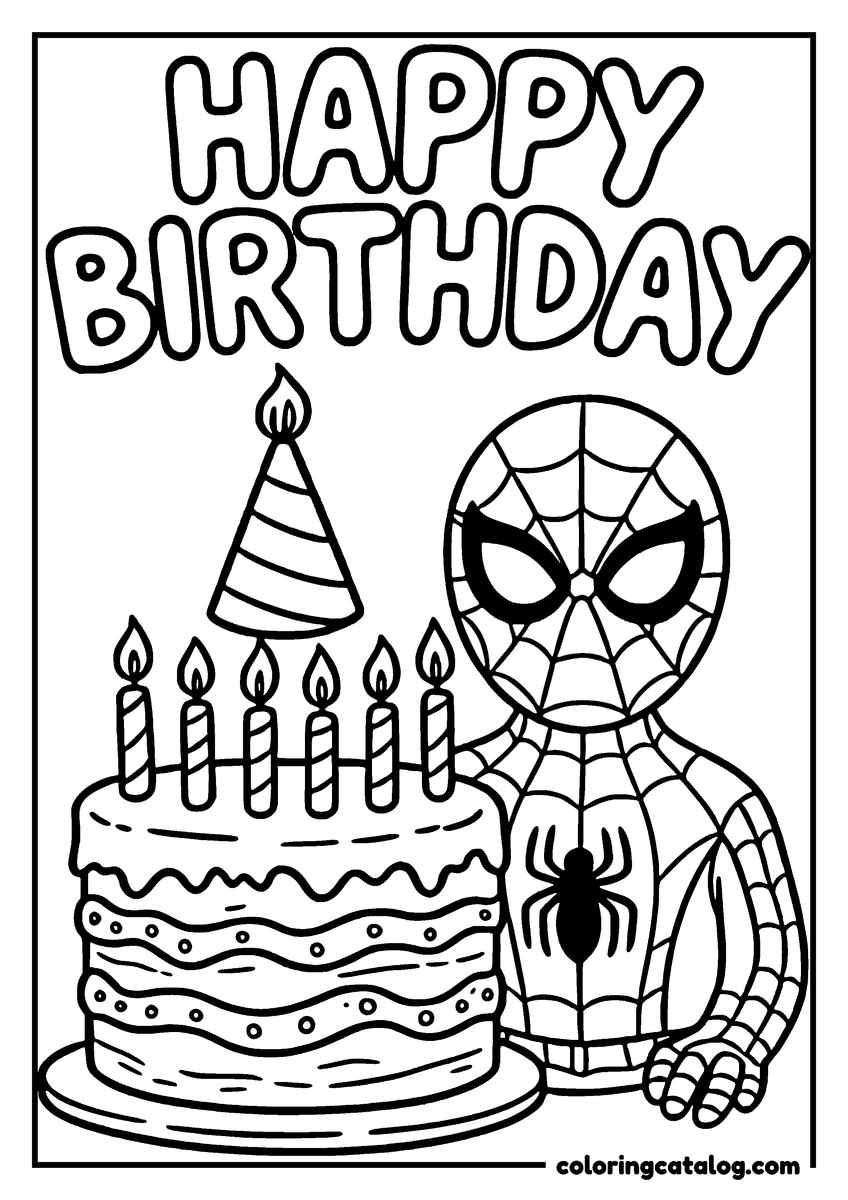 Spider-Man coloring page of Spider-Man next to a birthday cake with candles under the lettering "HAPPY BIRTHDAY"