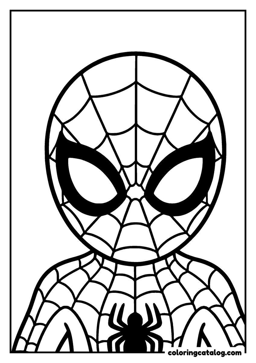 Spider-Man coloring page of a big head and shoulders portrait of Spider-Man with the spider on his chest