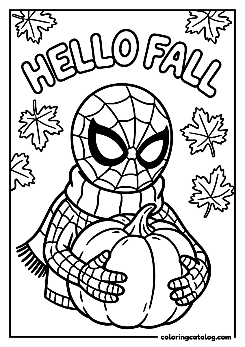 Spider-Man coloring page of Spider-Man in a scarf hugging a pumpkin among falling leaves under the lettering "HELLO FALL"