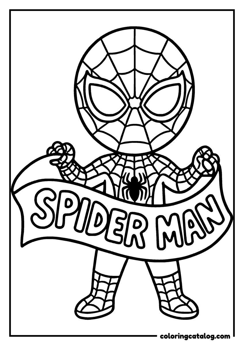 Spider-Man coloring page of Spider-Man holding up a banner with the lettering "SPIDER MAN"