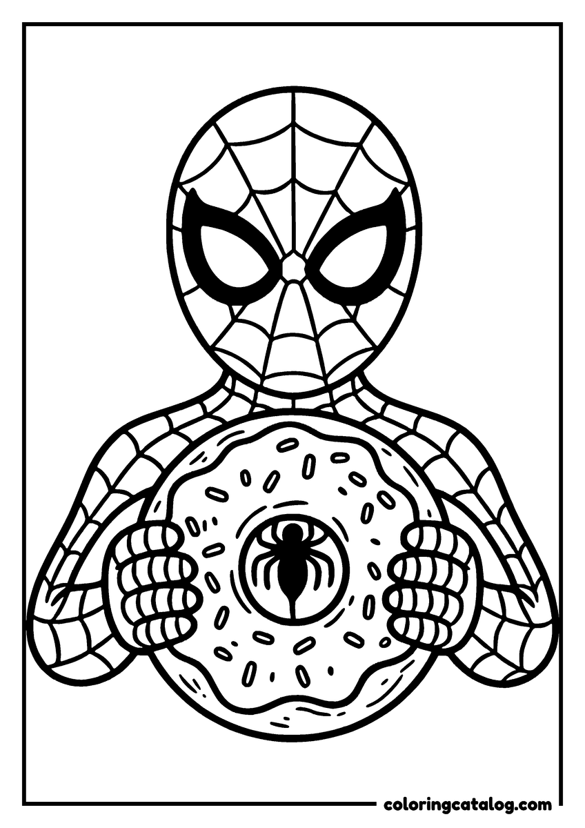 Spider-Man coloring page of Spider-Man holding a giant donut with a spider on the icing