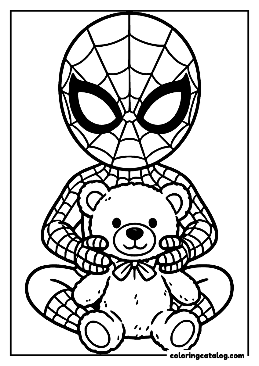Spider-Man coloring page of Spider-Man sitting with a teddy bear in his lap