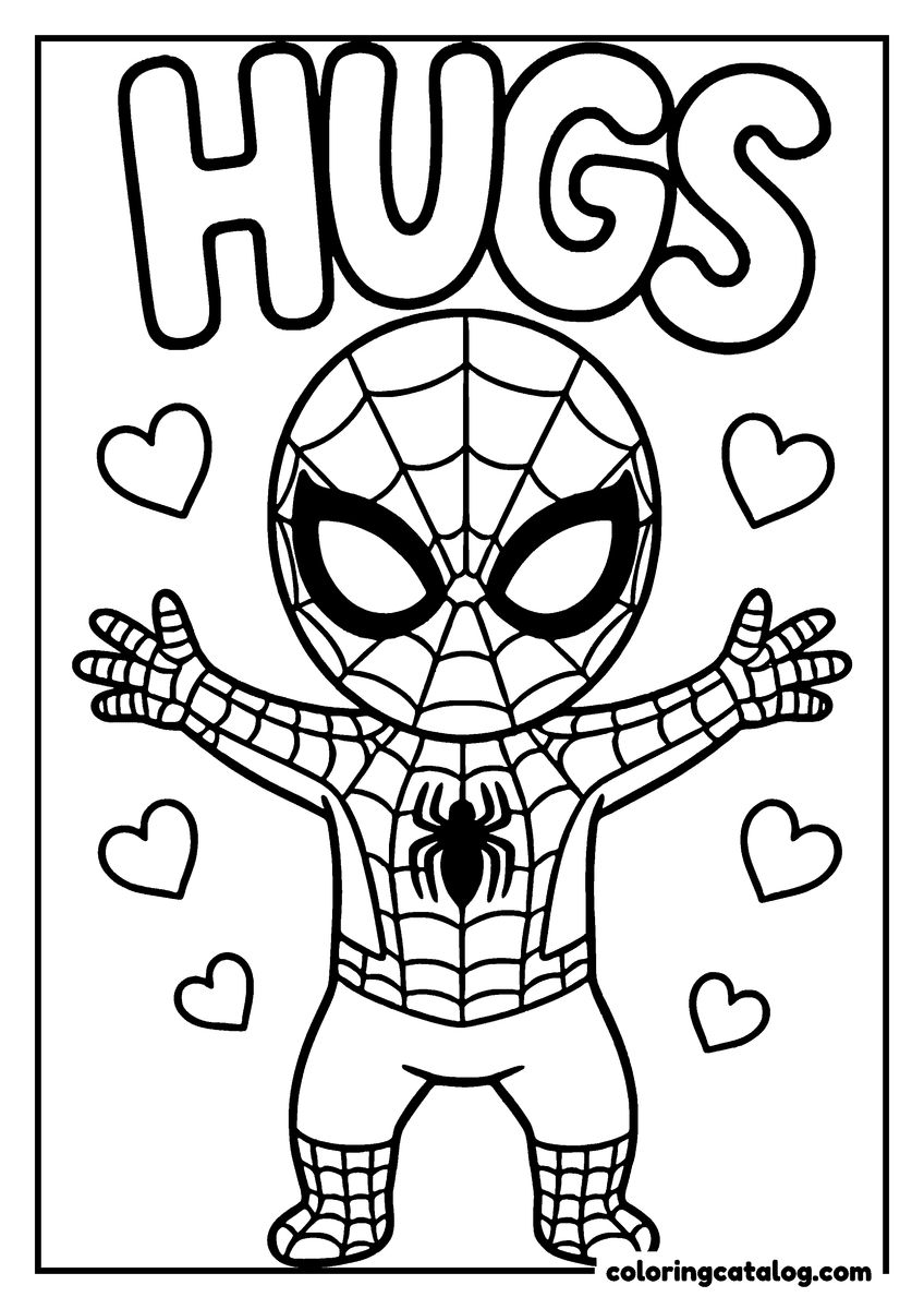 Spider-Man coloring page of Spider-Man opening his arms for a hug under bubble lettering "HUGS", hearts around