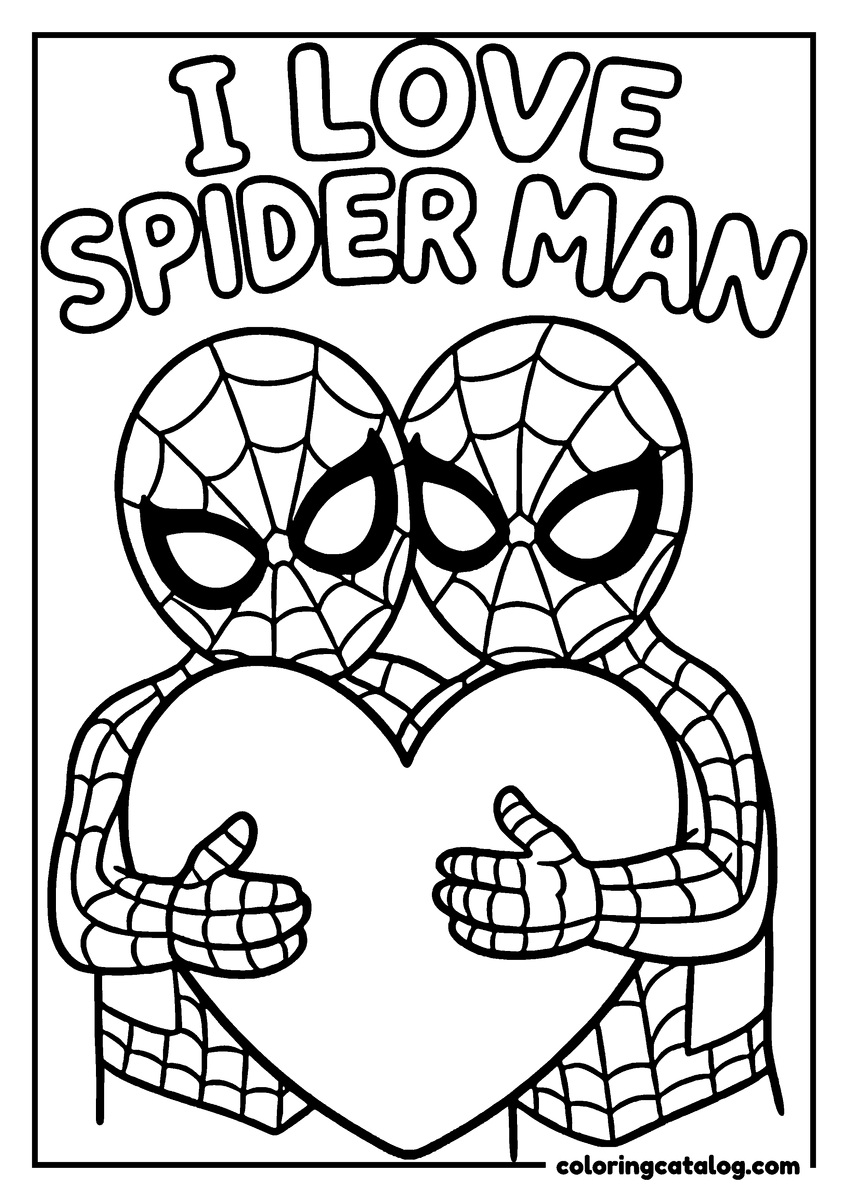 Spider-Man coloring page of two Spider-Men hugging a big heart under the lettering "I LOVE SPIDER MAN"