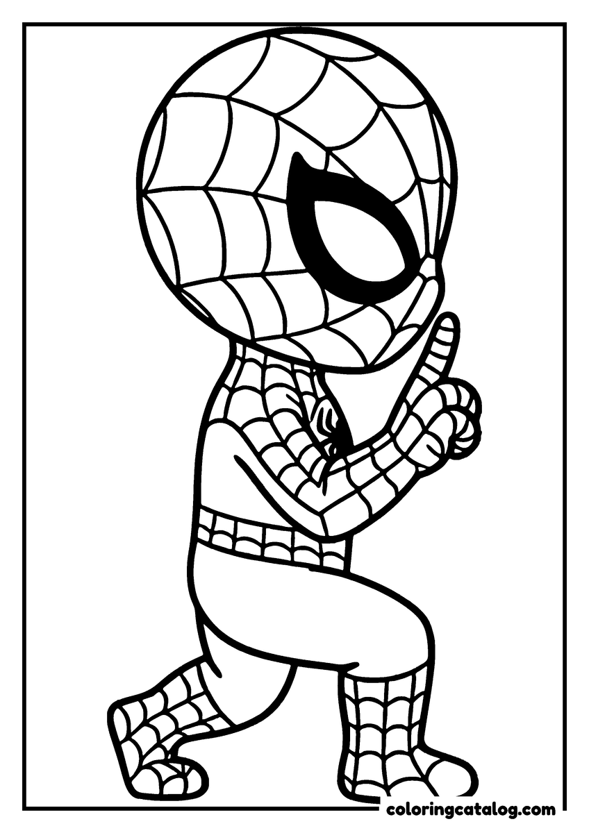 Spider-Man coloring page of Spider-Man down on one knee, pointing up with one finger