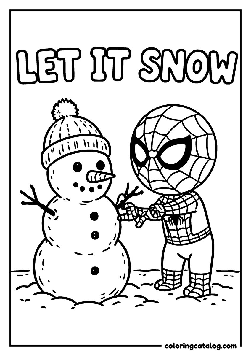 Spider-Man coloring page of Spider-Man building a snowman in a knitted hat under the lettering "LET IT SNOW"