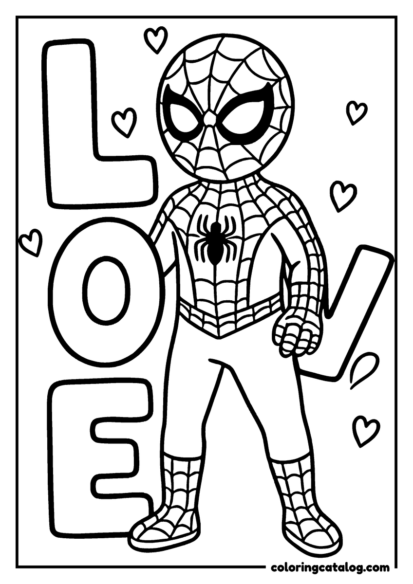 Spider-Man coloring page of Spider-Man standing among the big letters "LOVE", little hearts around