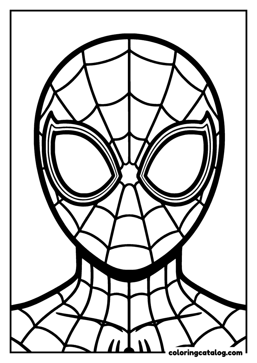 Spider-Man coloring page of a big portrait of Spider-Man's mask and shoulders