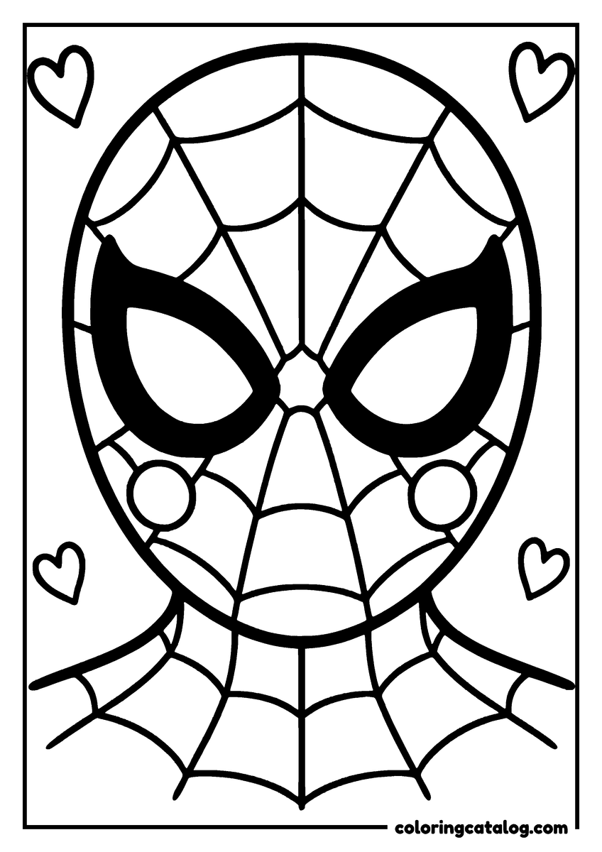 Spider-Man coloring page of a big portrait of Spider-Man's mask, little hearts in the corners
