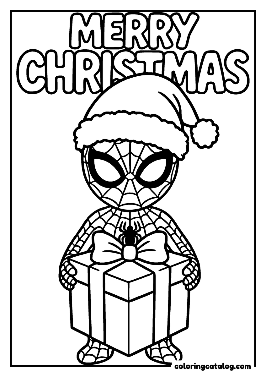 Spider-Man coloring page of Spider-Man in a Santa hat holding a present under the lettering "MERRY CHRISTMAS"
