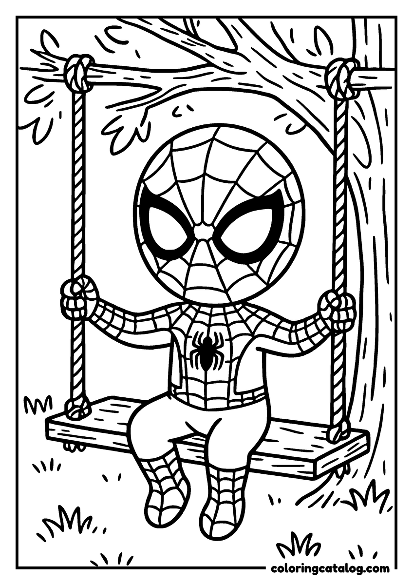 Spider-Man coloring page of Spider-Man sitting on a wooden swing hanging from a tree