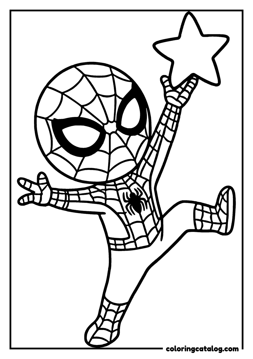 Spider-Man coloring page of Spider-Man leaping up to grab a star