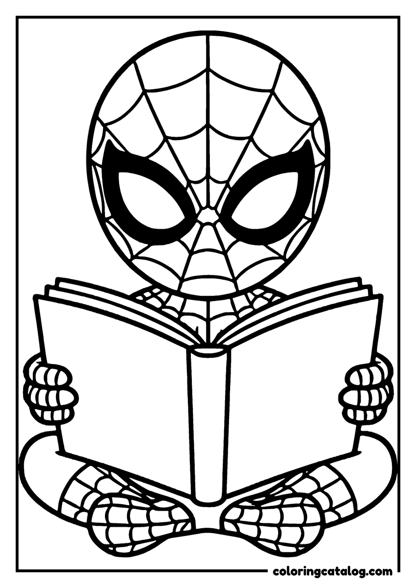 Spider-Man coloring page of Spider-Man sitting cross-legged reading a big book