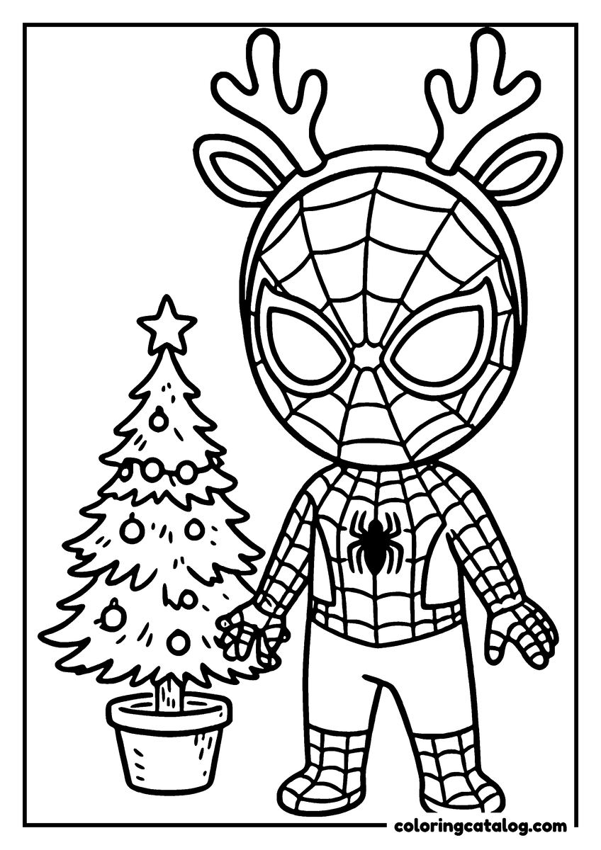 Spider-Man coloring page of Spider-Man in a reindeer headband next to a little Christmas tree