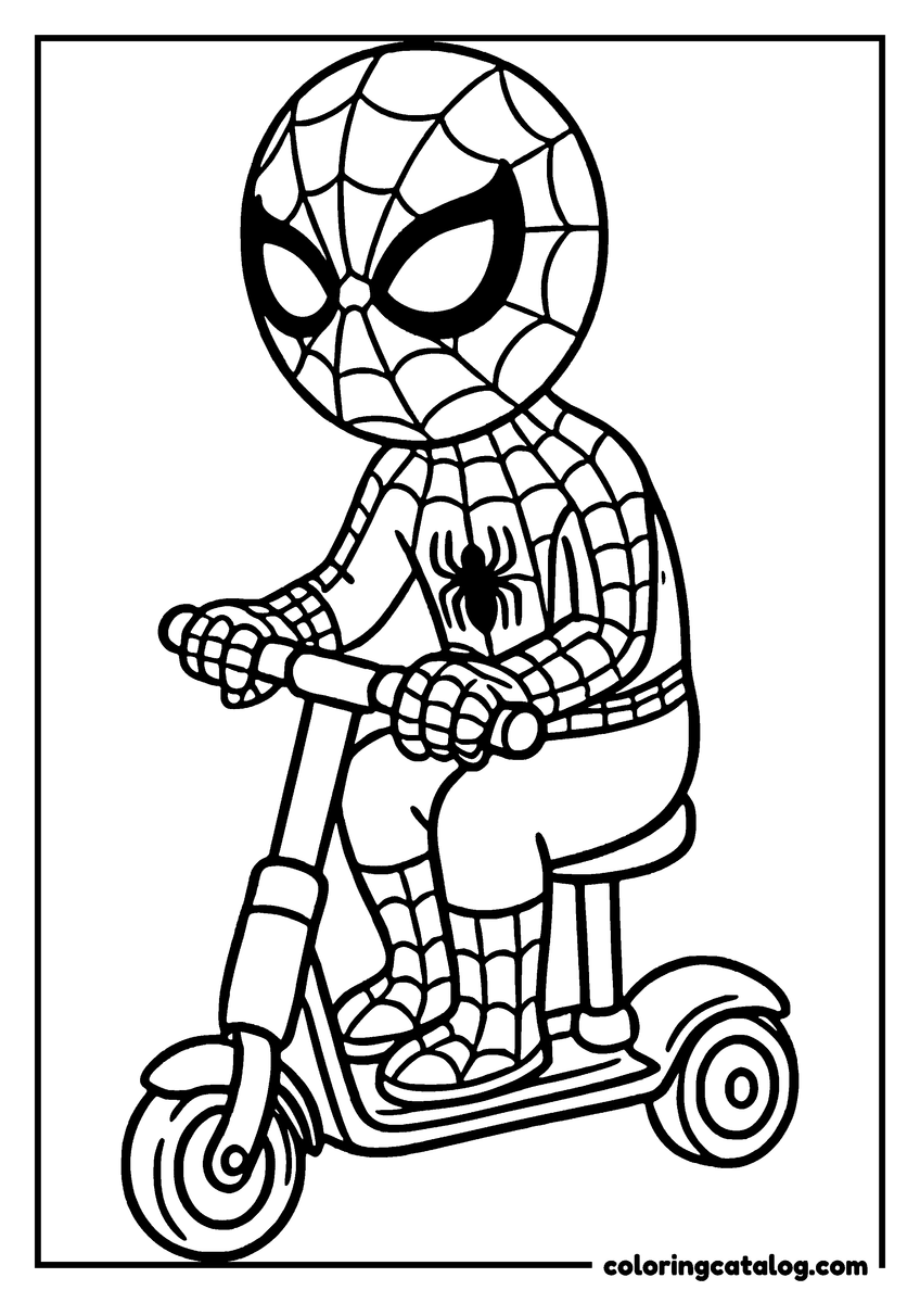 Spider-Man coloring page of Spider-Man riding a kick scooter