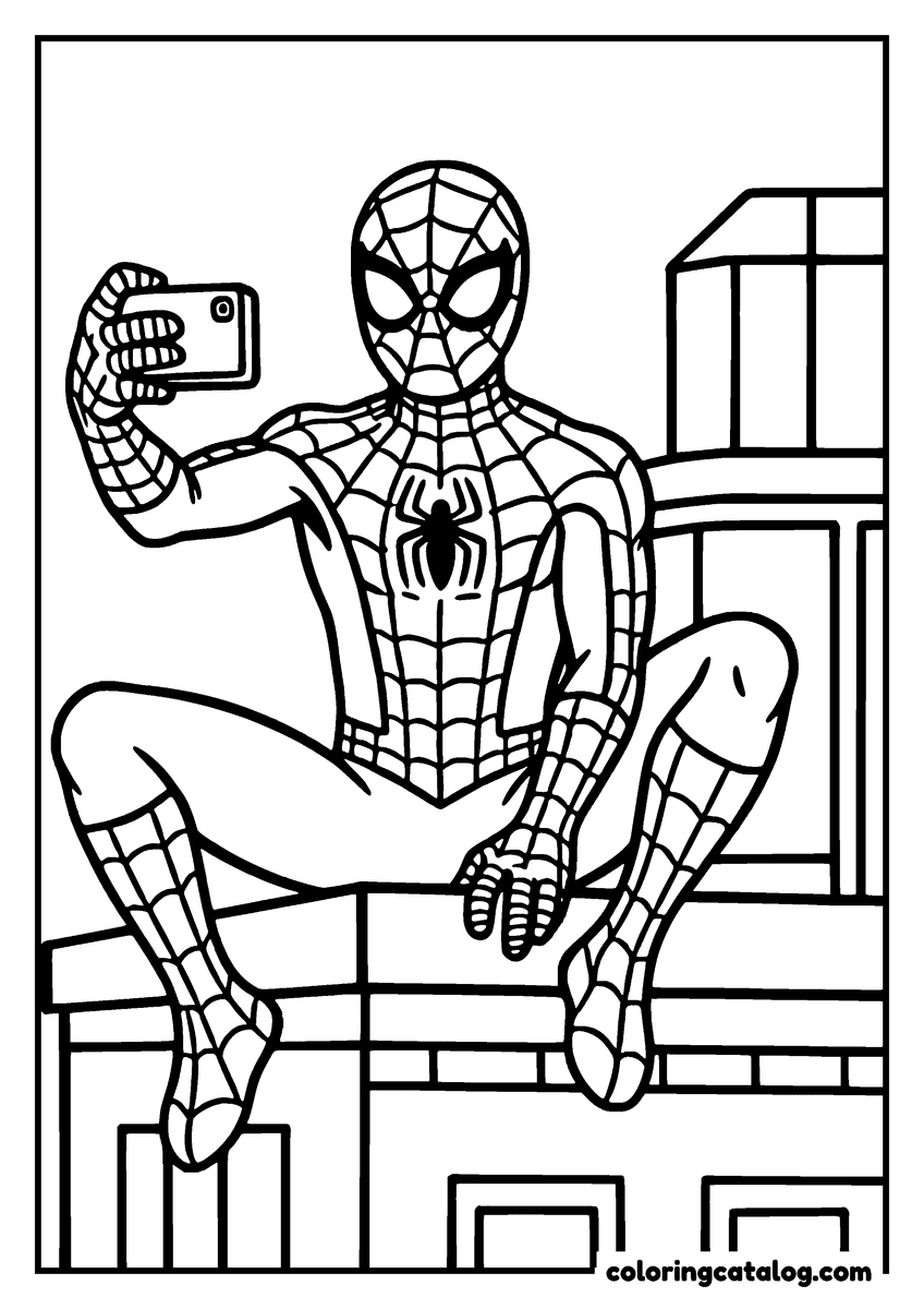 Spider-Man coloring page of Spider-Man taking a selfie sitting on a rooftop