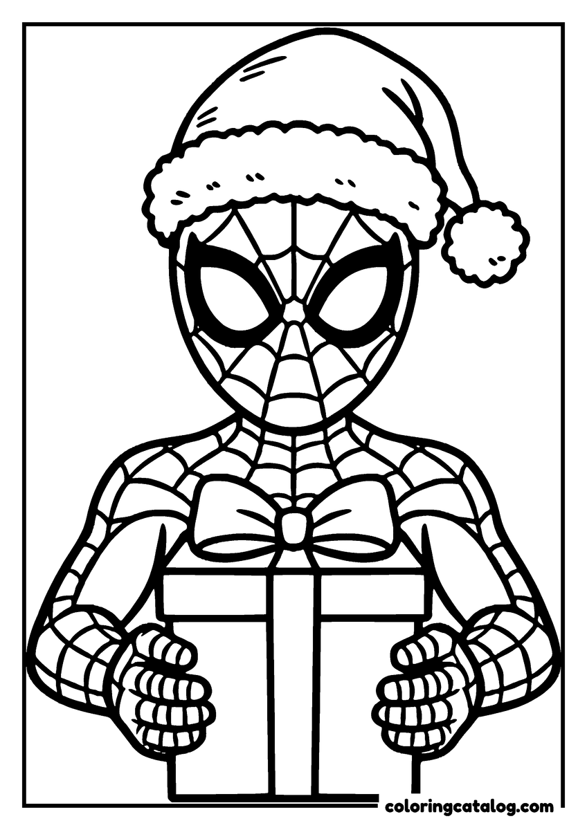 Spider-Man coloring page of Spider-Man in a Santa hat holding a wrapped gift box