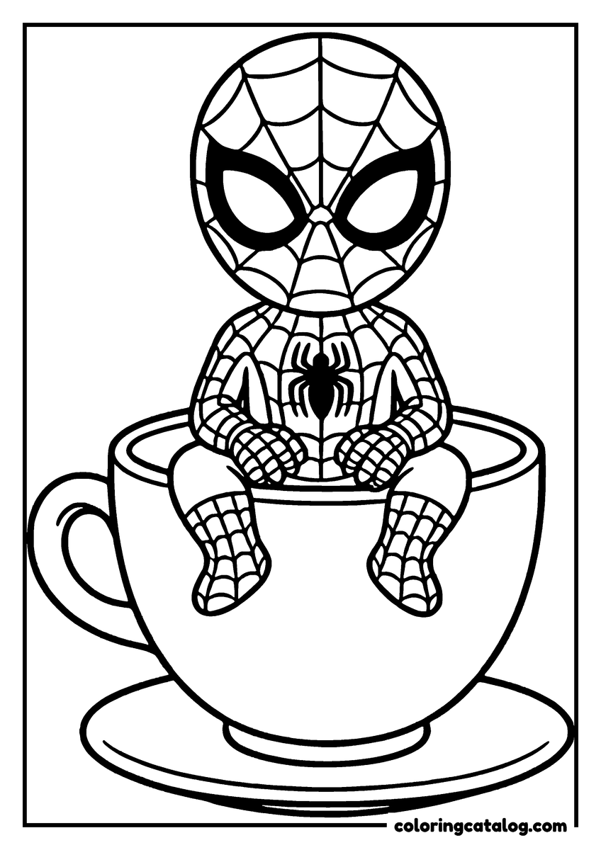 Spider-Man coloring page of Spider-Man sitting in a big teacup on its saucer