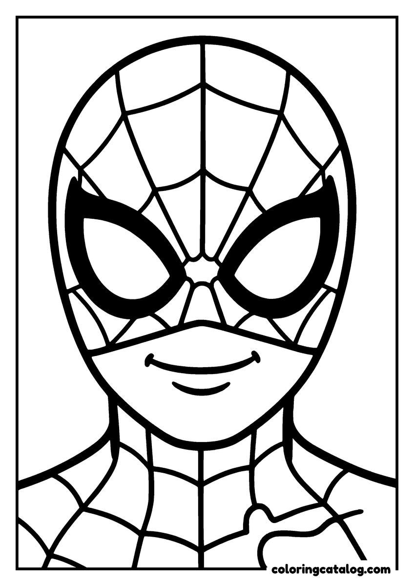 Spider-Man coloring page of a big portrait of Spider-Man with a smile showing through his mask