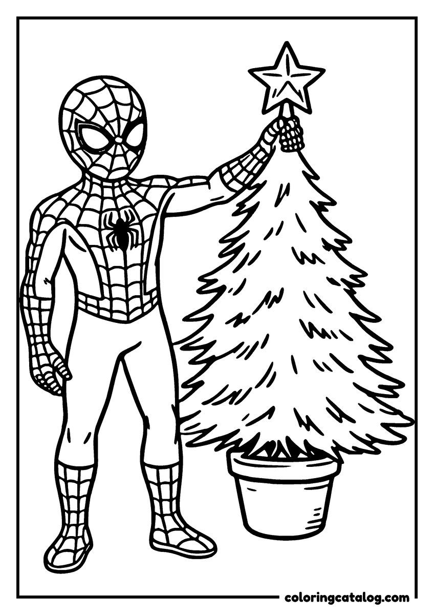 Spider-Man coloring page of Spider-Man putting the star on top of a Christmas tree