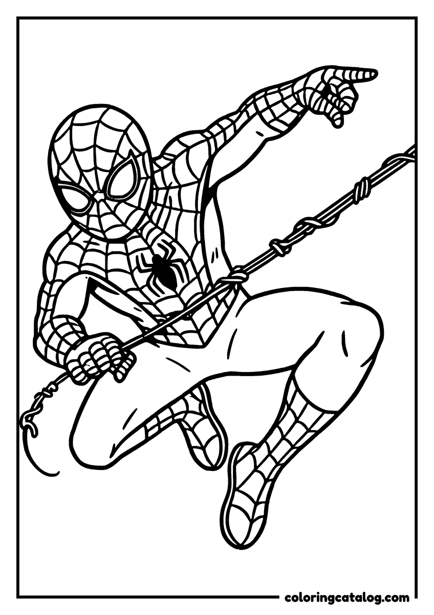 Spider-Man coloring page of Spider-Man swinging on a web line and pointing ahead