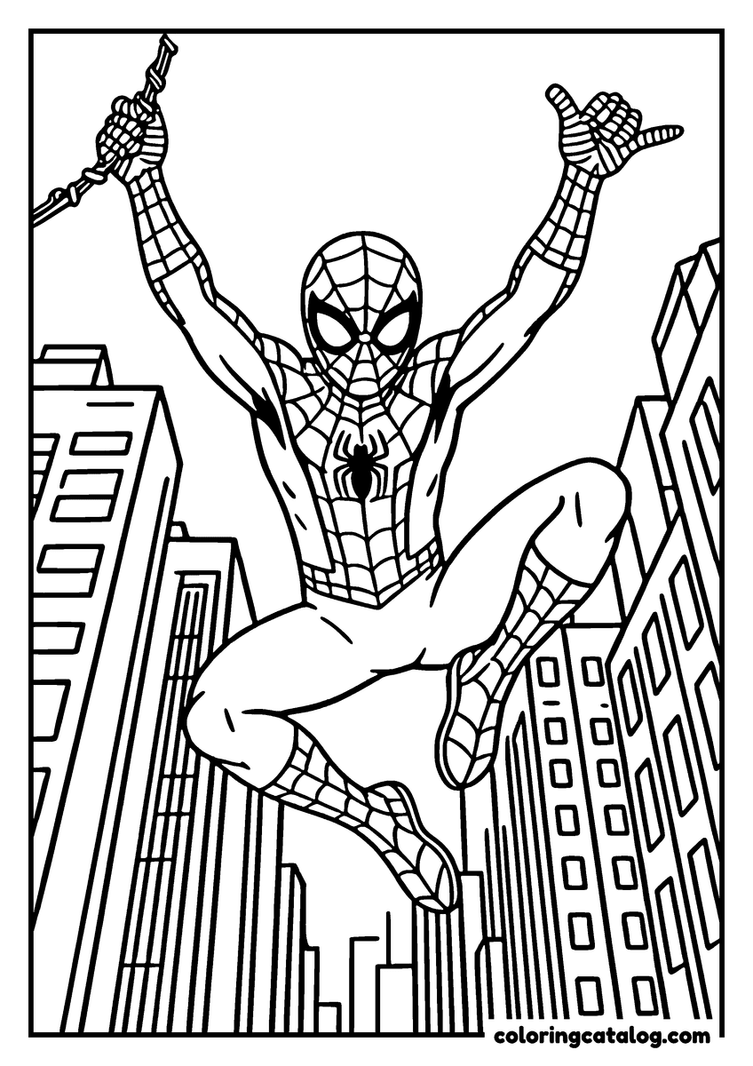 Spider-Man coloring page of Spider-Man swinging on a web between tall skyscrapers
