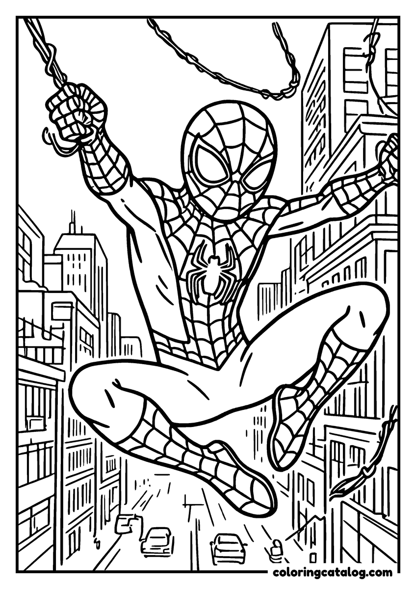 Spider-Man coloring page of Spider-Man swinging down a city avenue above the traffic