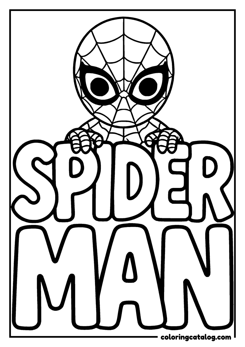 Spider-Man coloring page of Spider-Man peeking over big bubble lettering "SPIDER MAN"