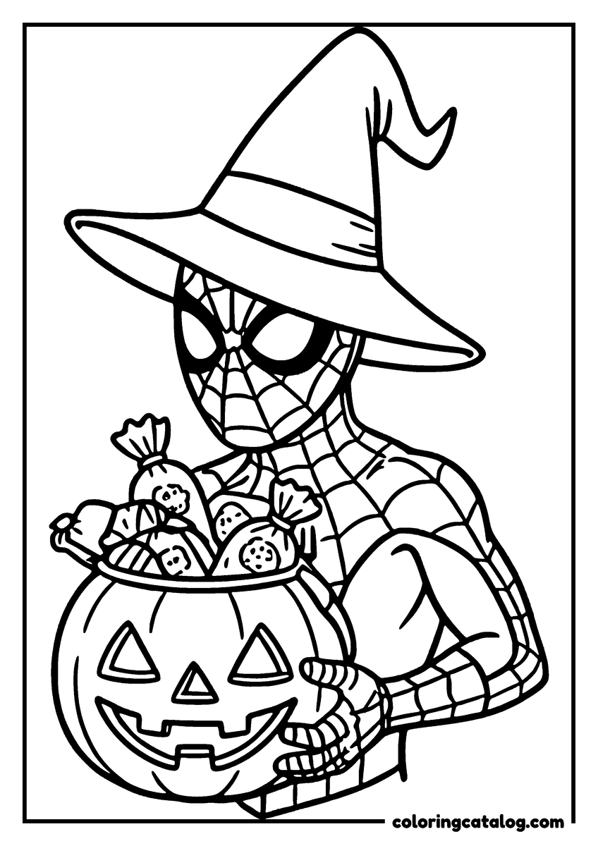 Spider-Man coloring page of Spider-Man in a witch hat holding a jack o'lantern bucket full of candy