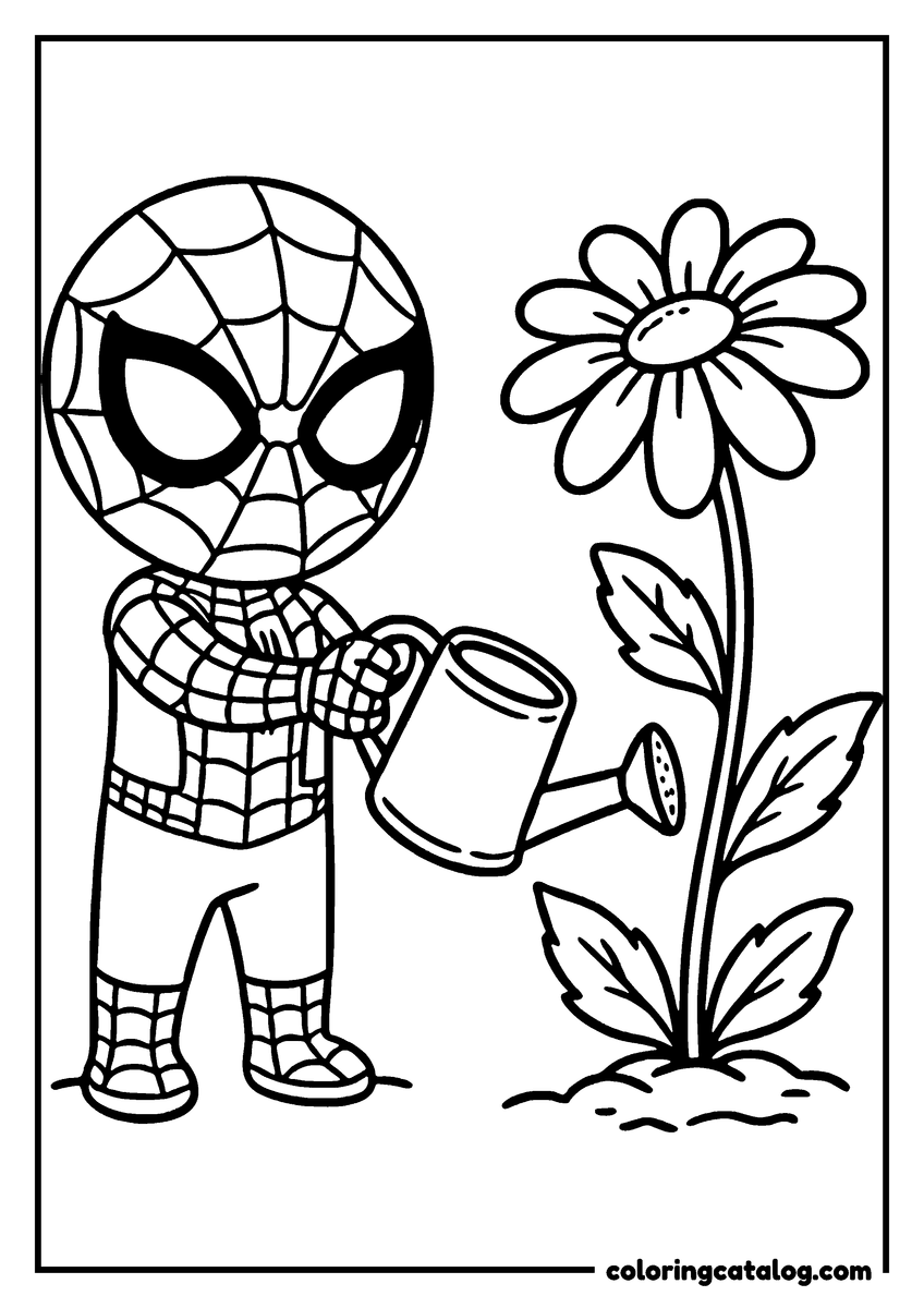Spider-Man coloring page of Spider-Man watering a tall daisy with a watering can